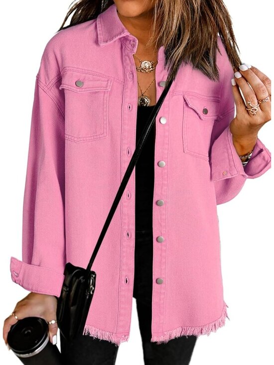 Jackets & Blazers - Women's Oversized Denim Jacket Long Sleeve Denim Shirt Jean Jacket B2 Pink